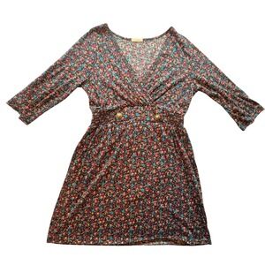 Everly Floral Mini Dress Womens Small Smocked Waist 3/4 Sleeve V-Neck Boho Ditsy